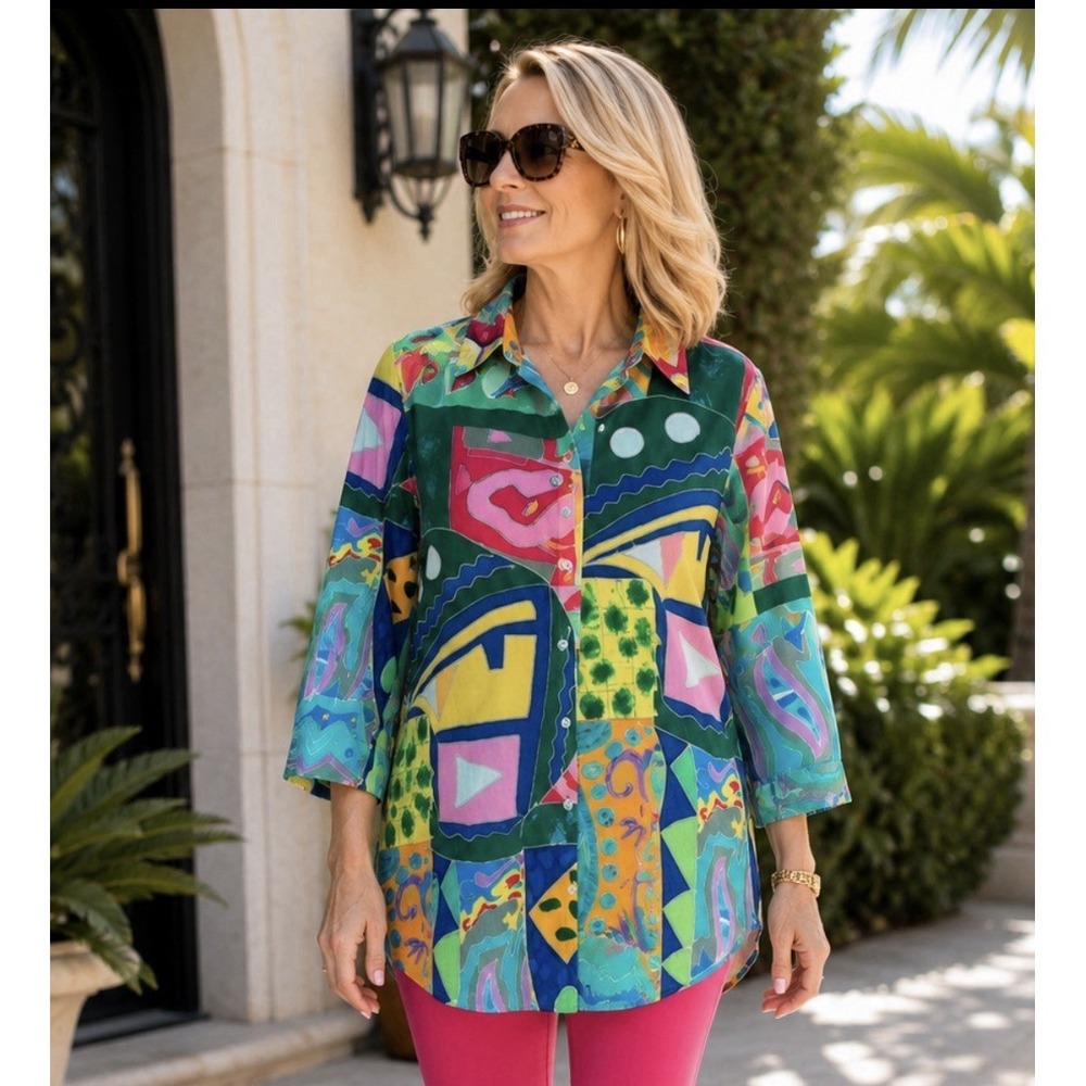 Lauren Ralph Lauren Women's M Colorful Abstract Tunic Shirt 3/4 Sleeve Cotton